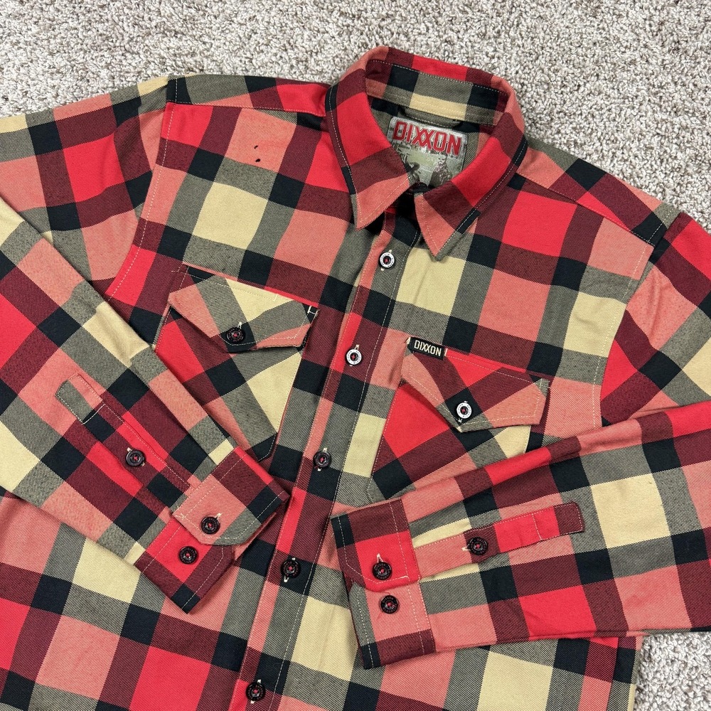 Dixxon Bloodline Flannel Shirt Mens Medium Red Plaid Button Up Long Sleeve *FLAW
